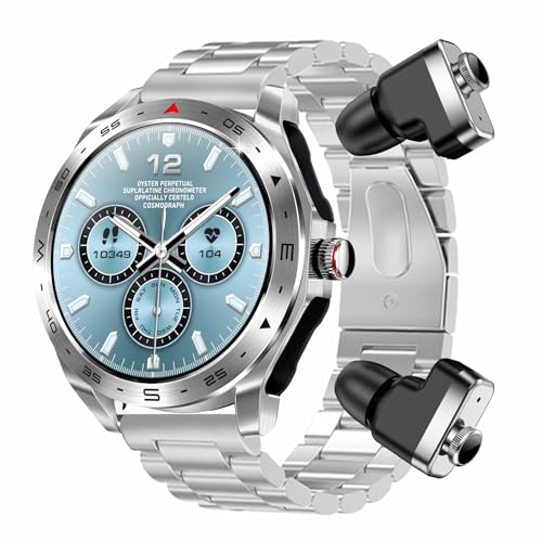 JUSUTEK 2025 業界新登場 高級スマートウォッチ+TWSイヤホン,1.52インチ丸型全金属腕時計,歩数計,HIFI 9 D音質両耳イヤホン,Bluetooth5.0,通話機能付き,電卓,呼吸訓練,DIY文字盤,消費カロリー,長時間使用可能,着信電話,Line通知,iphone&アンドロイド対応,お贈り物,日本語説明書 (銀鋼)